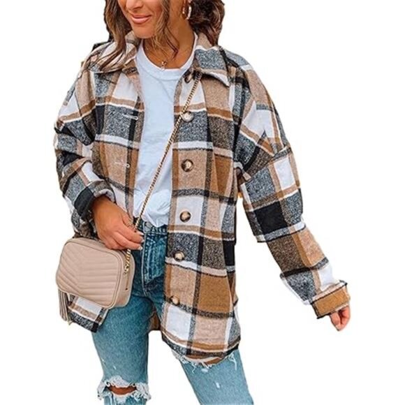 Women's Fall Color Block Plaid Flannel Shacket Jacket Button Down Shirt - Picture 7 of 7
